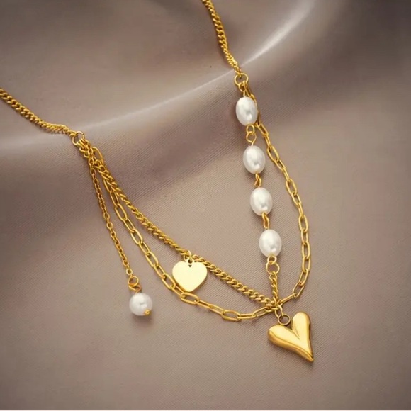 Vintage-Inspired Oval Pearl & Heart Tassel Pendant Necklace - Stainless Steel. - Picture 7 of 7